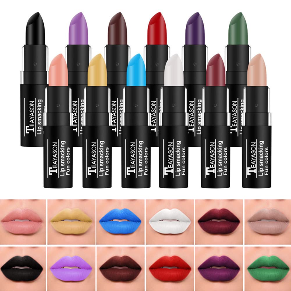 BIOKUSY 12 Pack Matte Lipstick Set, Black Goth Novelty Lipstick, Moisturizing Long Lasting Lip Color for Halloween Party Cosplay Makeup Gift Kit for Girls and Women