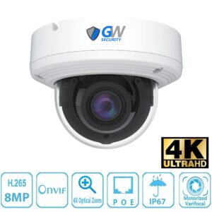 GW 4K (3840x2160 @30fps Real-time) 8 Channel Security Camera System with 4 8MP AI Facial Recognition/Human/Vehicle Detection 5X Optical Motorized Zoom PoE IP Dome Cameras