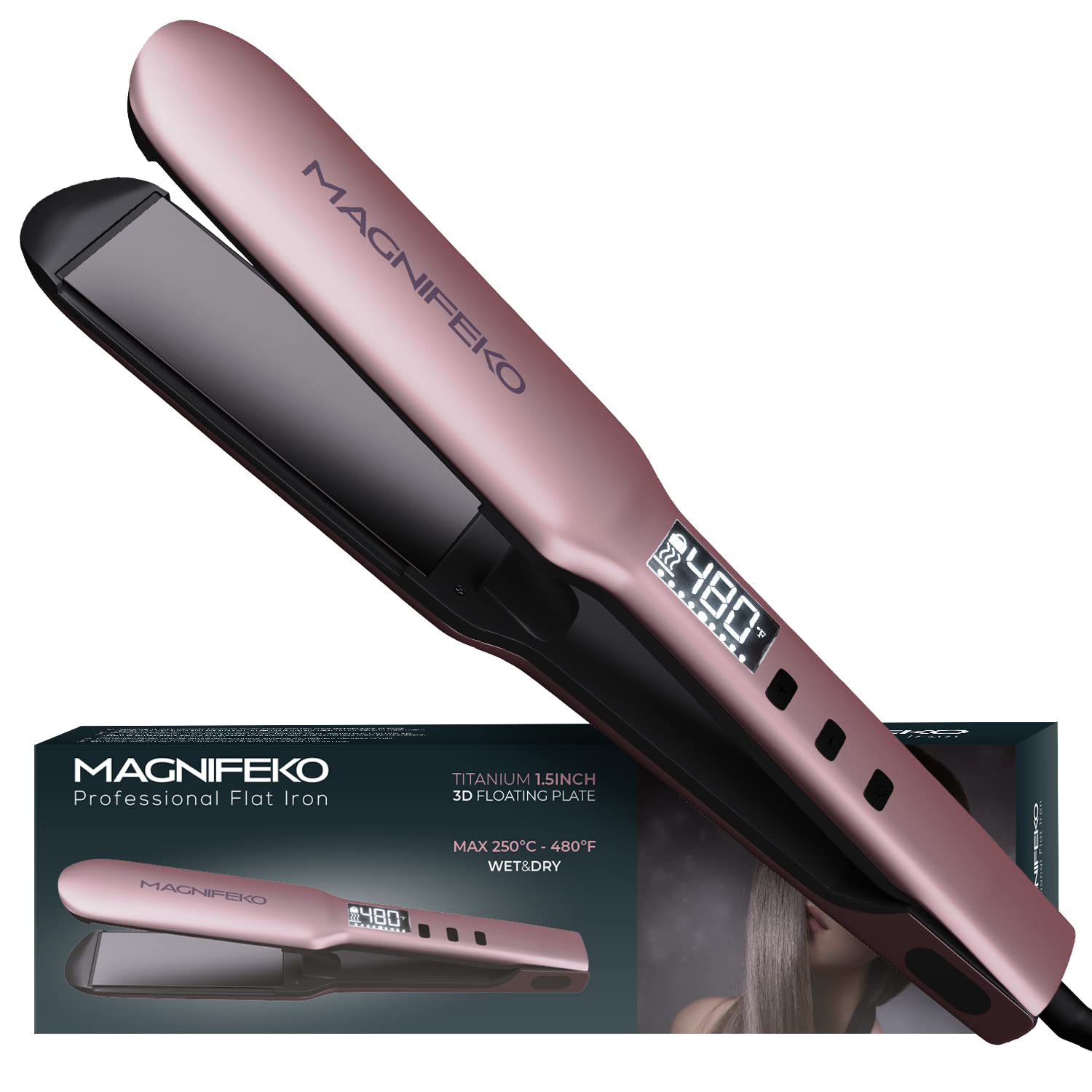 Professional Flat Iron - Hair Straightener Wide Plate Titanium Flat Iron - Infrared Hair Straightening (Rose Gold)