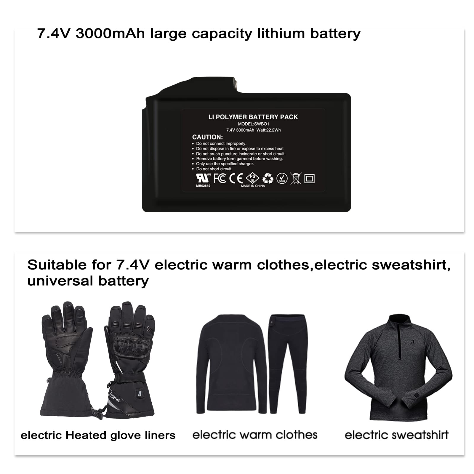 J JINPEI Rechargeable 7.4V 3000mAh Li-ion Heated Gloves Batteries, Rechargeable Batteries for Heated Gloves, Ski Mittens, Socks, Hat, Knee Braces (1pcs Included)