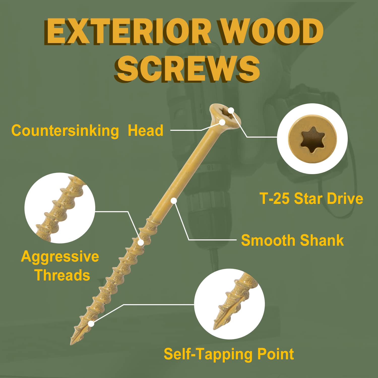 LIONMAX Deck Screws 5 Inch, Wood Screws #10 x 5, 300 PCS, Rust Resistant, Exterior Epoxy Coated, Outdoor Decking Screws, Torx/Star Drive Head Deck Screw, T25 Star Bit Included, Tan