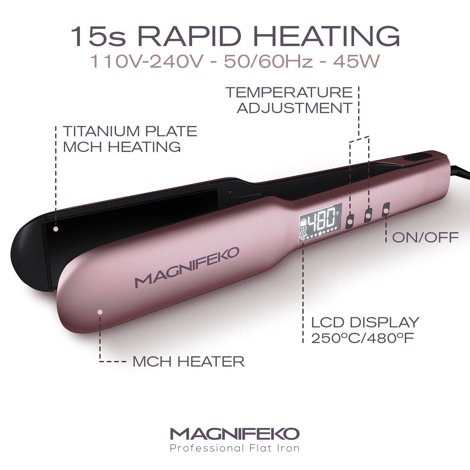 Professional Flat Iron - Hair Straightener Wide Plate Titanium Flat Iron - Infrared Hair Straightening (Rose Gold)