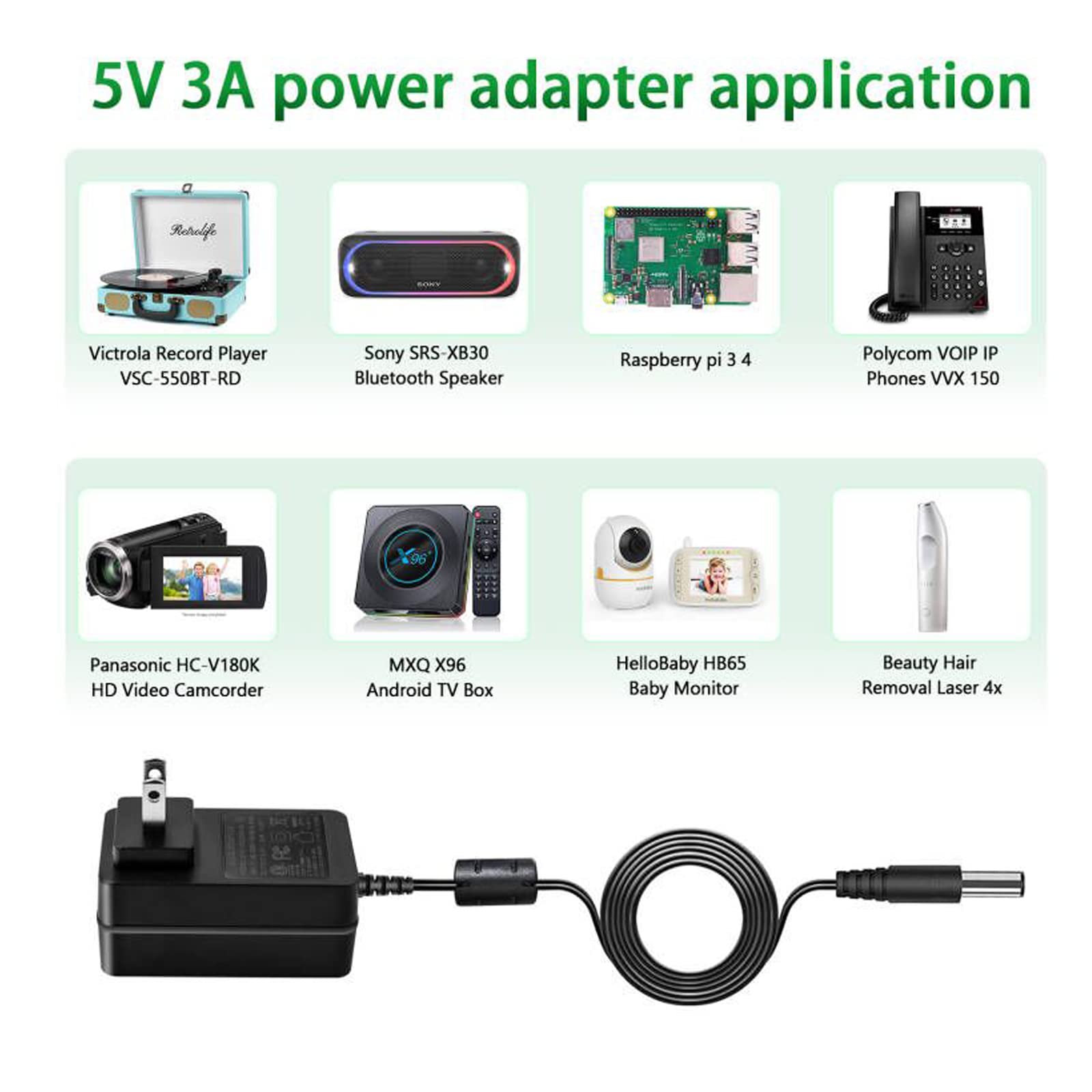 5V 3A DC Power Supply, 5 Volts 2A 1.5A 1A AC Power Adapter Charger, fit for 5Vdc Graco Baby Swing, Hello Baby Monitor, Sony Bluetooth Speaker Power Cord.