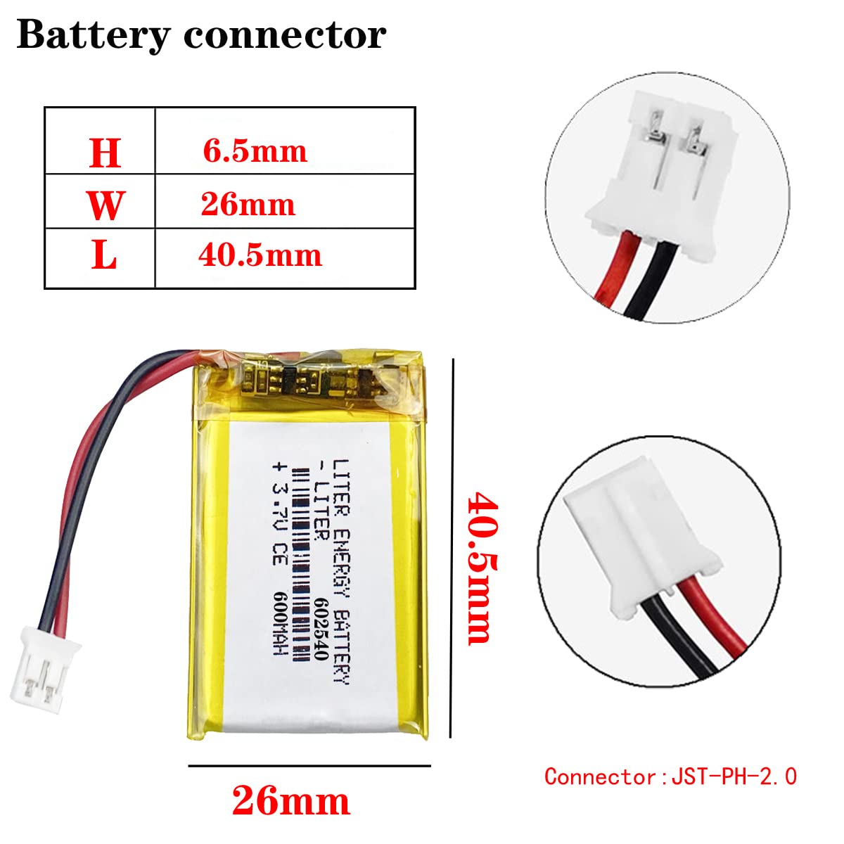 Liter Energy Battery 3.7V Lipo Battery 600mAh Rechargeable Lithium ion Polymer Battery 602540 Lithium Polymer ion Battery with JST Connector