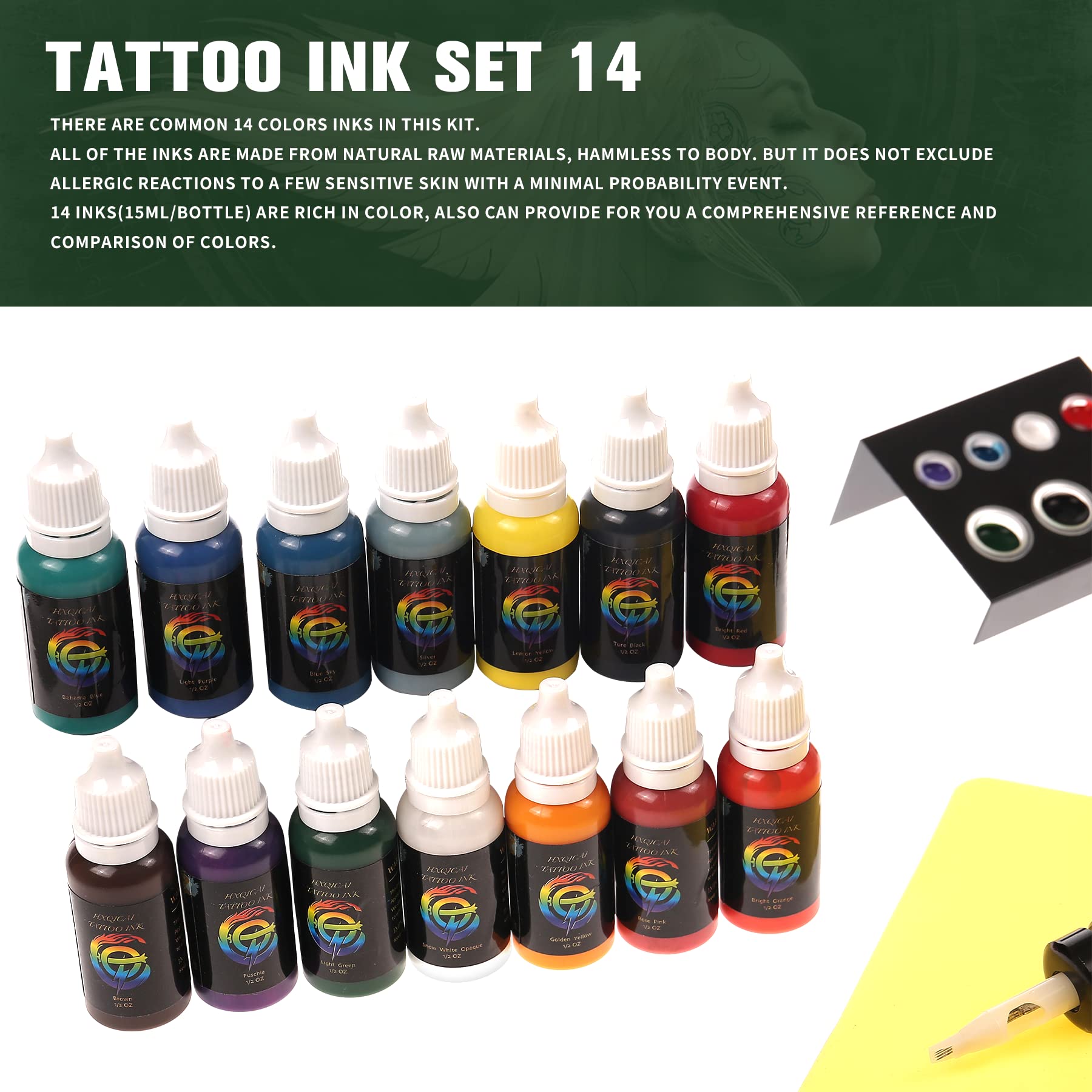 14 Colors Tattoo Ink Set,15ml 1/2oz Professional Tattoo Ink & Supplies for Outlining&Shading,Vegan-Friendly Pigment Tattoo Supplies