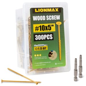 LIONMAX Deck Screws 5 Inch, Wood Screws #10 x 5, 300 PCS, Rust Resistant, Exterior Epoxy Coated, Outdoor Decking Screws, Torx/Star Drive Head Deck Screw, T25 Star Bit Included, Tan