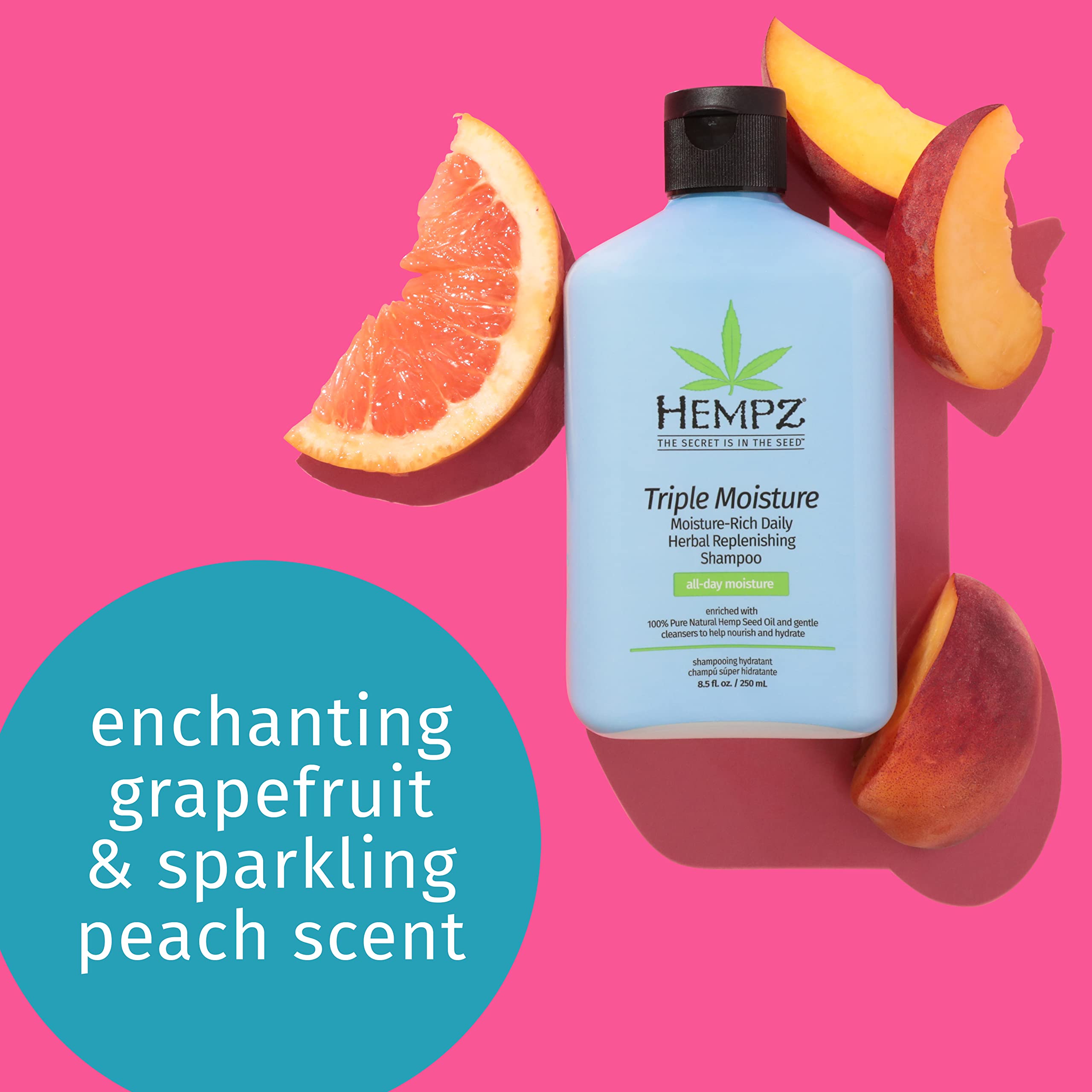 Hempz Triple Moisture Herbal Shampoo, Grapefruit & Peach Scent, Intensely Hydrate and Nourish, 8.5 oz.