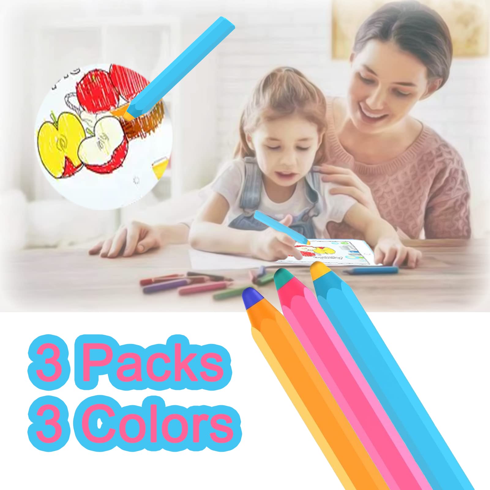 2023 Stylus Pens for Touch Screens, Kenkor Crayon Stylus for Kids Pencil Shape 3 Pack of Pink Blue Yellow Universal Capacitive Stylus Compatible with ipad/iPhone/Android/Kindle/Samsung/Microsoft