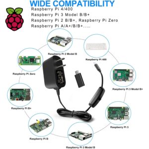 Miuzei Raspberry Pi 4 Power Supply with Switch, 5V 3A Power Supply Compatible with Raspberry Pi 4 Model B, USB-C Charger Power Adapter for RPI 4B, with Type-C & Micro USB Adapter for Raspberry Pi 3B+