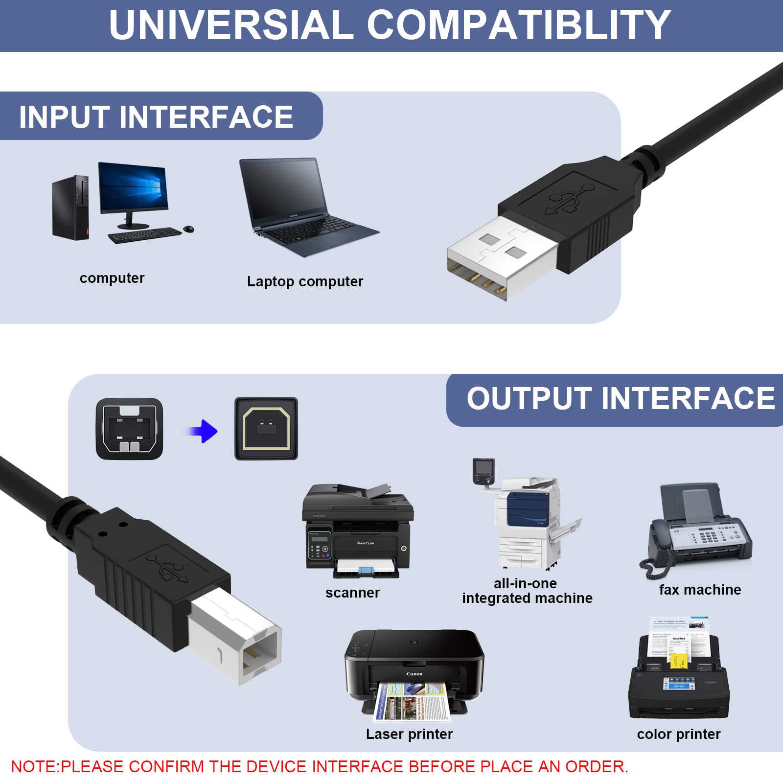 USB Printer Cable Cord to Computer Compatible with HP OfficeJet Pro 9025 9015 8740 8210 8020 8025 8035 7740 7110 6230 5740 5255 4650 4630 3830 250 200, Canon, Dell, Epson, Lexmark, Xerox, Samsung(5FT)