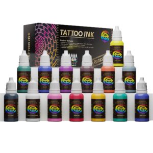 14 Colors Tattoo Ink Set,15ml 1/2oz Professional Tattoo Ink & Supplies for Outlining&Shading,Vegan-Friendly Pigment Tattoo Supplies