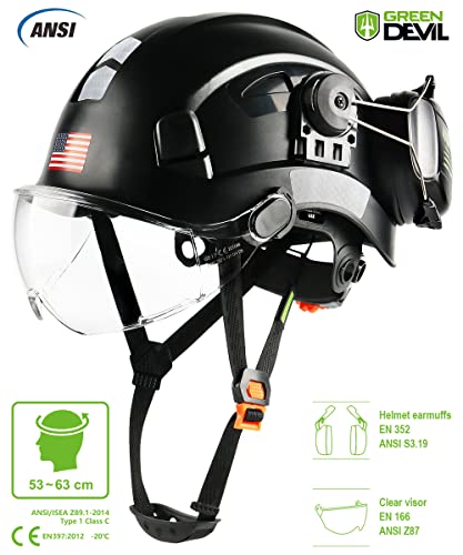 Safety Helmet Hard Hat with Visor and Ear Protection Adjustable Lightweight Vented ABS Work Helmet for Men and Women 6-Point Suspension ANSI Z89.1 Approved Ideal for Industrial & Construction