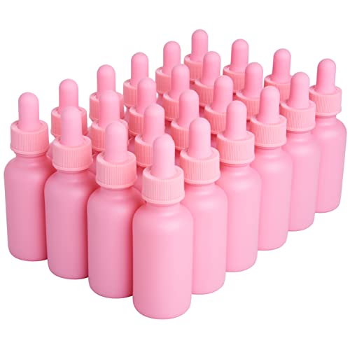 Focus Nutrition 24 Pink Coated 1 oz Glass Boston Round Dropper Bottles For Essential Oils, Aromatherapy and Skin Care