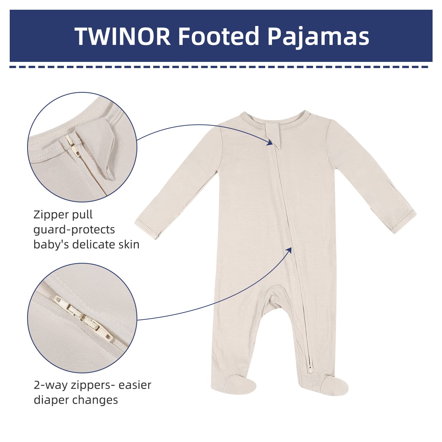 TWINOR Baby Footed Pajamas with Mittens, Soft Bamboo Viscose One-Piece Romper for Newborn Infant (light sand, 0-3 Months)