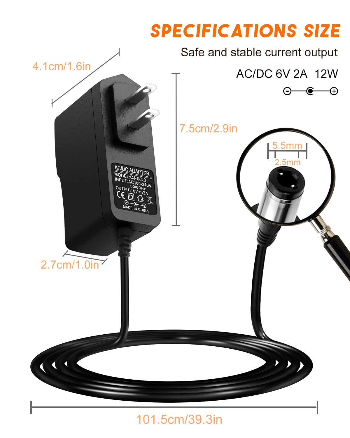 6V 2A Power Supply Adapter with 5.5x2.5mm DC Plug, AC 100-240V to DC 6V 2000mA Power Adapter UL Listed DC Power Supply Suitable for iTouchless Sensor Trash Cans, Router, 3.3ft