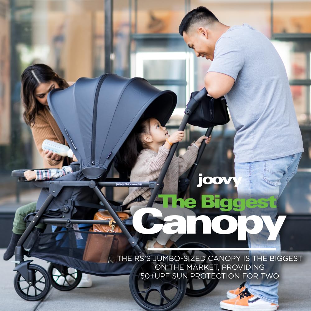 Joovy Caboose RS Sit & Stand Double Stroller for Children Up to 55 lb. with All-Terrain Wheels, UPF50+ Sun Canopy & Magnetic 5-Point Safety Harnesses, Jet