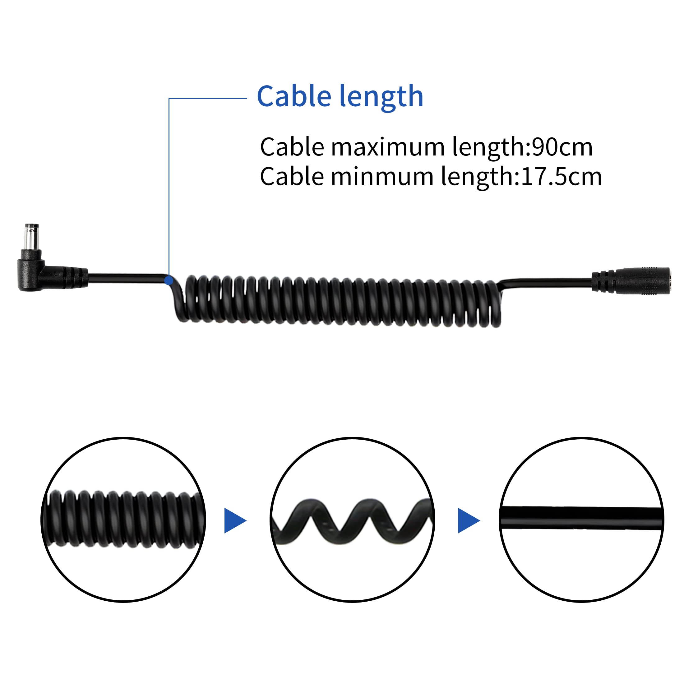 YACSEJAO DC Right Angle Coiled Power Cable 2.1mm x 5.5mm Male to Female Adapter Extension Cord for 12V CCTV Surveillance Camera Router LED Strip DVR Monitor Printers