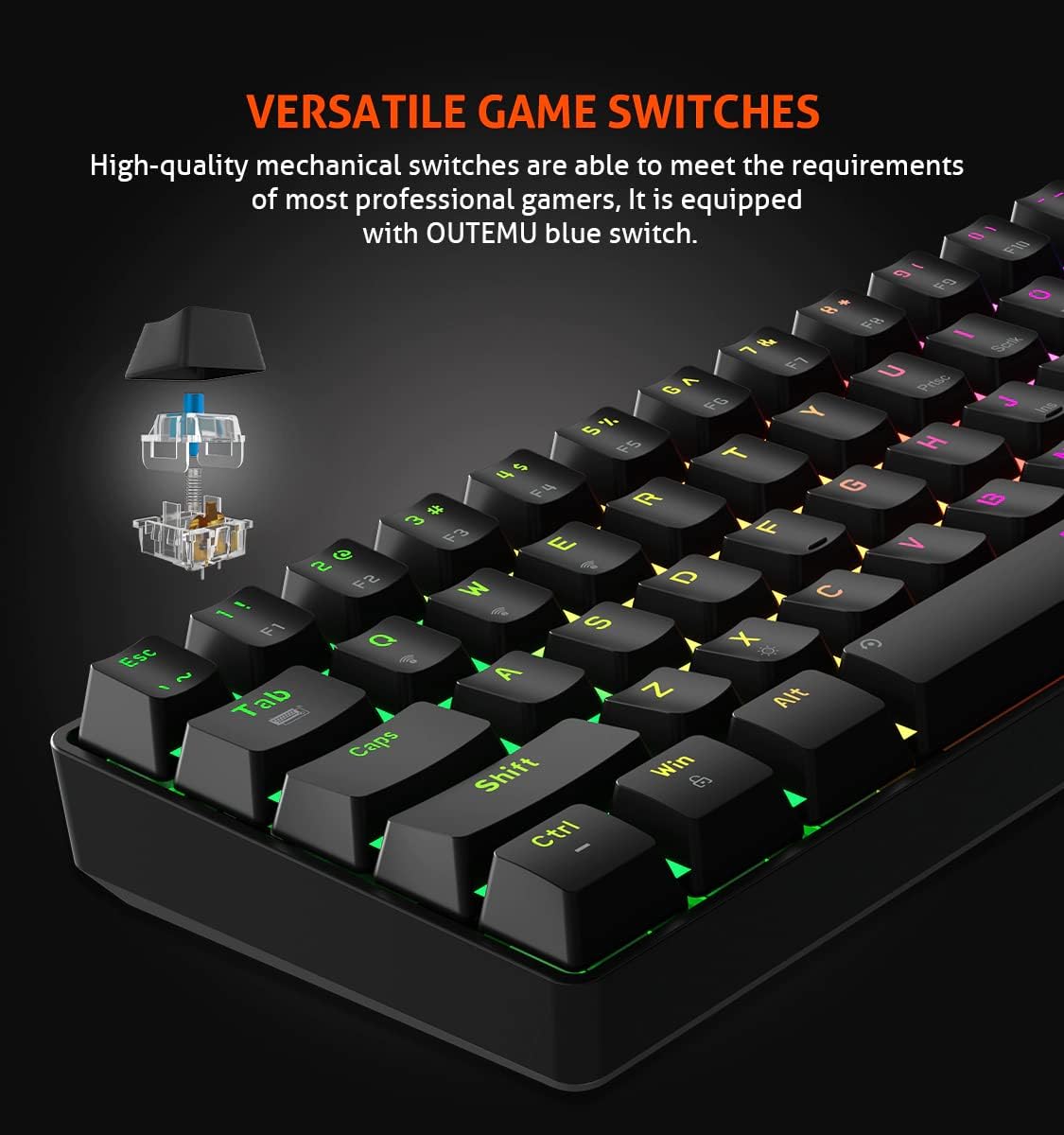 MEETION RGB Backlit Mini 61 Keys Wired 60% Mini Blue Switch Mechanical Keyboard Black MT-MK005