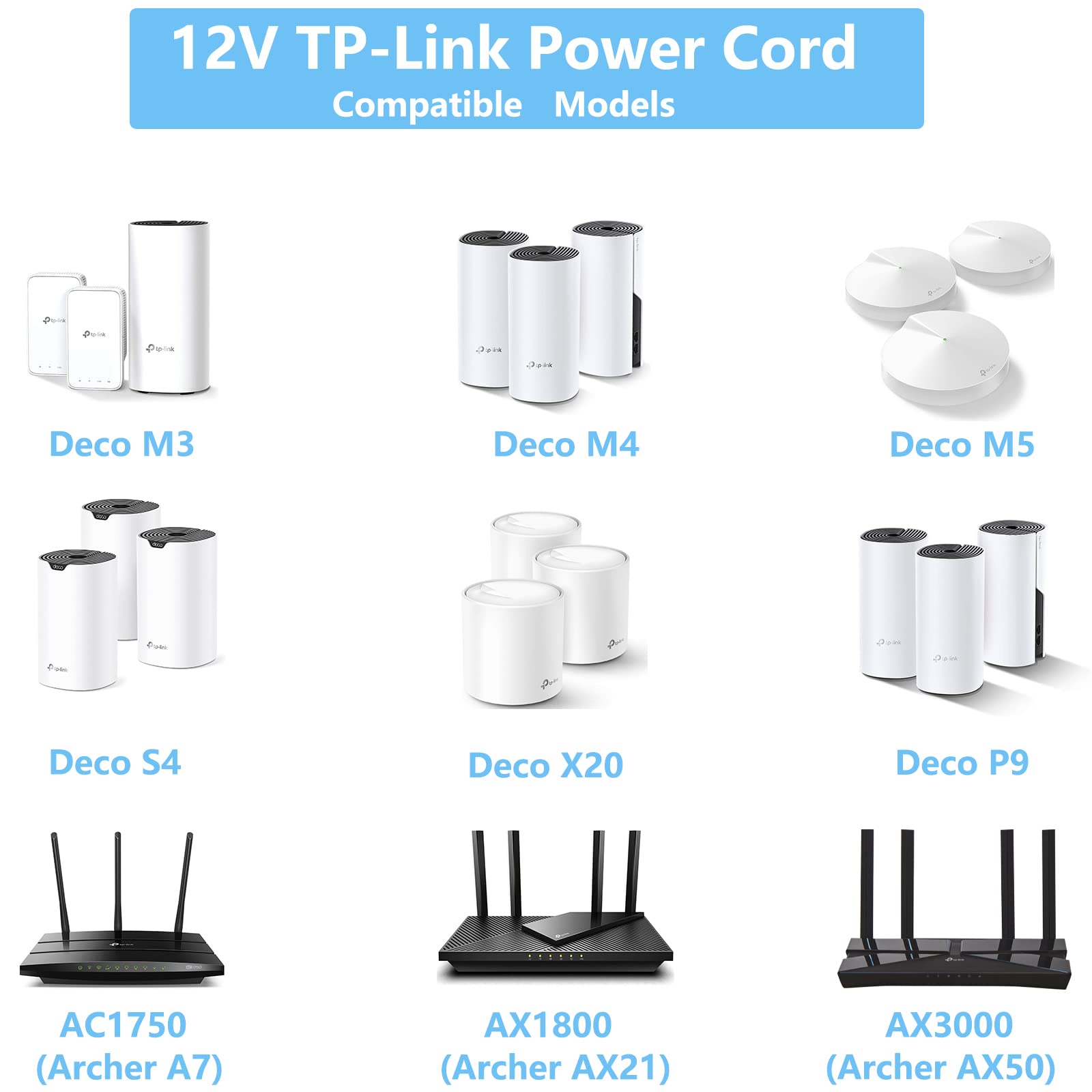 Power Cord for TP-Link Deco M3 M4 M5 S4 X20 X55 P9 E4 Replacement Charger AC Adapter for TP-Link AC1750(Archer A7),AX1800(Archer AX21),AX3000(Archer AX50) T120150-2b1 WiFi Router Power Supply