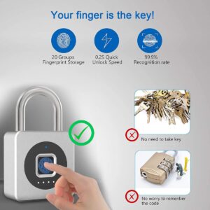 eLinkSmart Gym Locker Padlock - Fingerprint Mobile APP Unlock Remote Unlock: Waterproof Keyless Biometric Padlock for Gym Locker Field Box Footlocker Tool Box Gun Case Type-C Silver