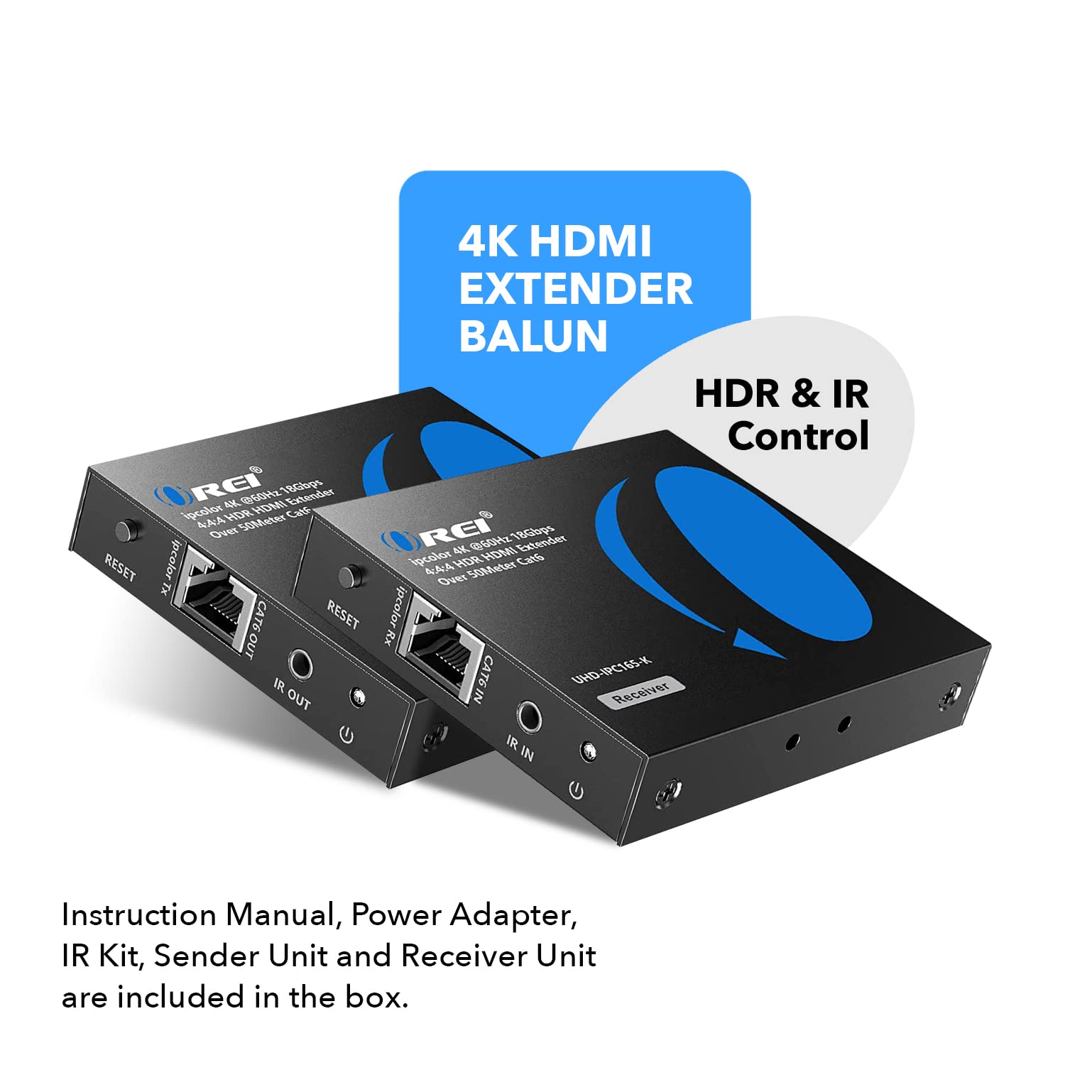 OREI 4K HDMI Extender Balun UltraHD 4K @ 60Hz 4:4:4 Over Single CAT6/7 Cable with HDR & IR Control-Ethernet Cable Up to 165 ft- Loop Out (UHD-IPC165-K)