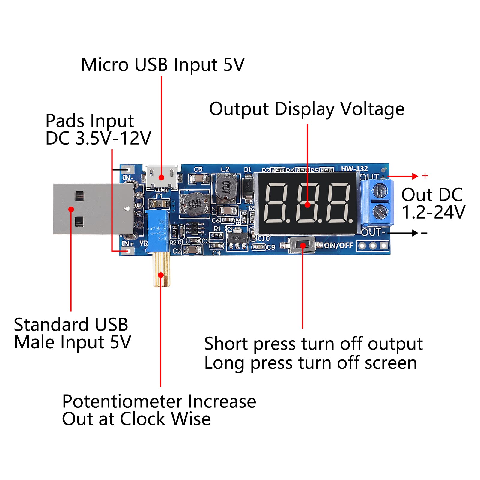 2PCS USB Step UP/Down Power Supply Module, Adjustable DC-DC 5V to 3.5V / 12V Boost Buck Converter Out DC 1.2V-24V