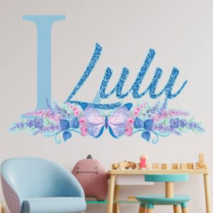 Glitter Custom Name Wall Decal for Girls - Flowers Butterfly Wall Stickers for Girls Bedroom Decor - Girl Name Wall Decal Flowers Personalized Room - Baby Nursery Wall Decals Butterflies Decorations