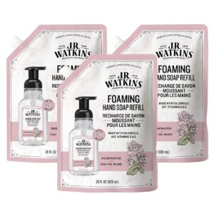 J.R. Watkins Foaming Hand Soap Refills, All Natural, Alcohol-Free Hand Wash, Cruelty-Free, Moisturizing Hand Soap Refill for Bathroom or Kitchen, Rosewater, 28 fl oz Foam Soap Refill, 3 Pack