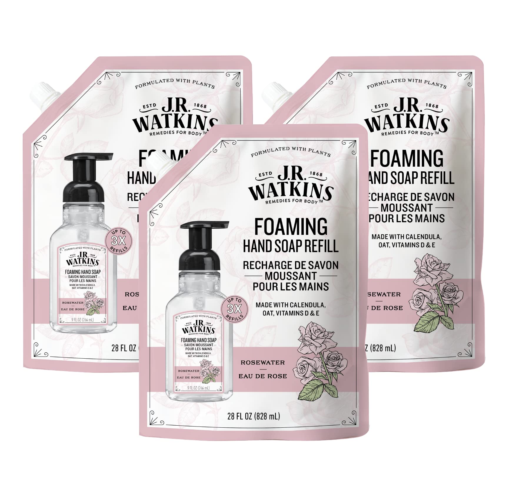 J.R. Watkins Foaming Hand Soap Refills, All Natural, Alcohol-Free Hand Wash, Cruelty-Free, Moisturizing Hand Soap Refill for Bathroom or Kitchen, Rosewater, 28 fl oz Foam Soap Refill, 3 Pack