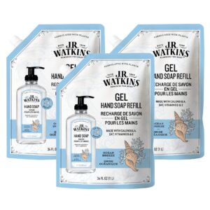 J.R. Watkins Gel Hand Soap Refill, Moisturizing Hand Wash, All Natural, Alcohol-Free, Cruelty-Free, USA Made, Ocean Breeze, 34 Fl Oz, 3 Pack