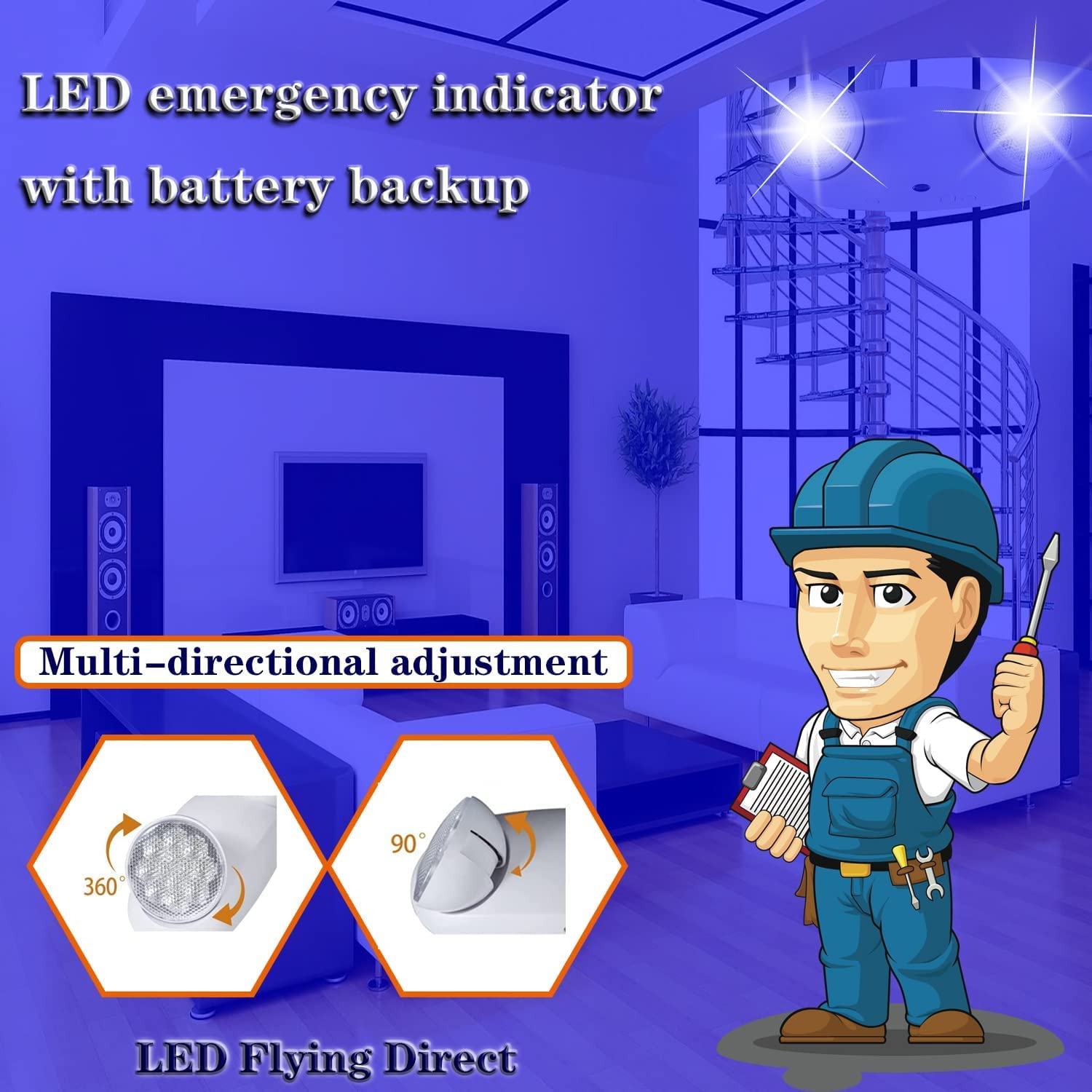 LED Emergency Light with Battery Backup, Two Adjustable Heads Commercial Emergency Light, US Standard 120-277V (UL 94V-0), Domestic Power Outage Emergency Light, Rechargeable Bulb (6-Pack)