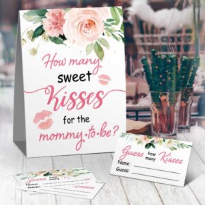 skuhyyg Baby Shower Greeting Card, Watercolor Pink Floral Game Kit (1 Sign, 50 Cards)