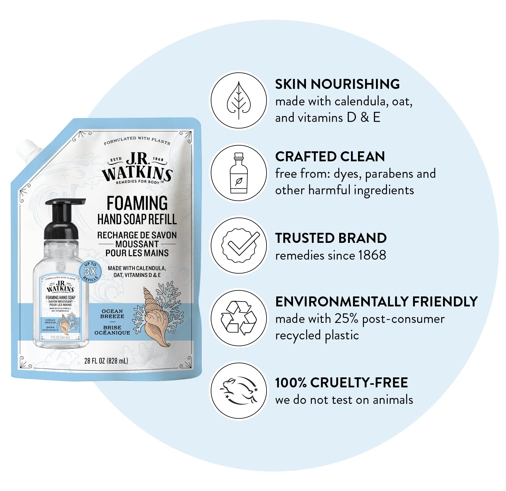 J.R. Watkins Foaming Hand Soap Refill, Moisturizing Foam Hand Wash, All Natural, Alcohol-Free, Cruelty-Free, USA Made, Ocean Breeze, 28 fl oz, 3 Pack