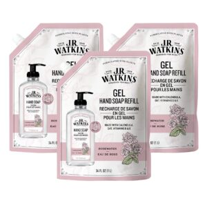 j.r. watkins gel hand soap refill, moisturizing hand wash, all natural, alcohol-free, cruelty-free, usa made, rosewater, 34 fl oz, 3 pack