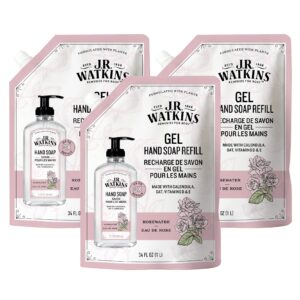 J.R. Watkins Gel Hand Soap Refill, Moisturizing Hand Wash, All Natural, Alcohol-Free, Cruelty-Free, USA Made, Rosewater, 34 Fl Oz, 3 Pack