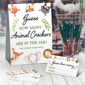 Guess How Many Animal Crackers are in the Jar，Watercolor Woodland Animals Baby Shower Decorations，(1 Sign+50 Cards), How Many Animal Crackers Birthday, Christmas, Funny Party Game