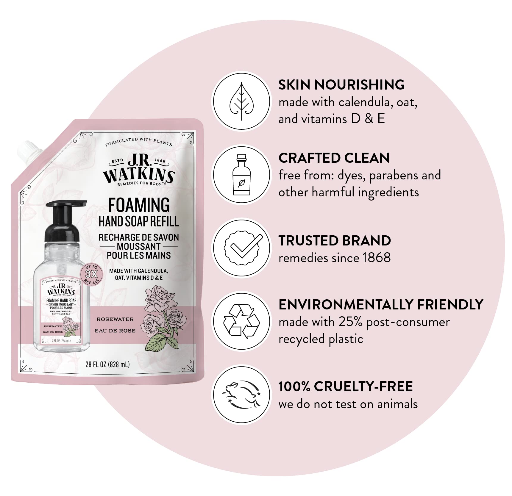 J.R. Watkins Foaming Hand Soap Refills, All Natural, Alcohol-Free Hand Wash, Cruelty-Free, Moisturizing Hand Soap Refill for Bathroom or Kitchen, Rosewater, 28 fl oz Foam Soap Refill, 3 Pack