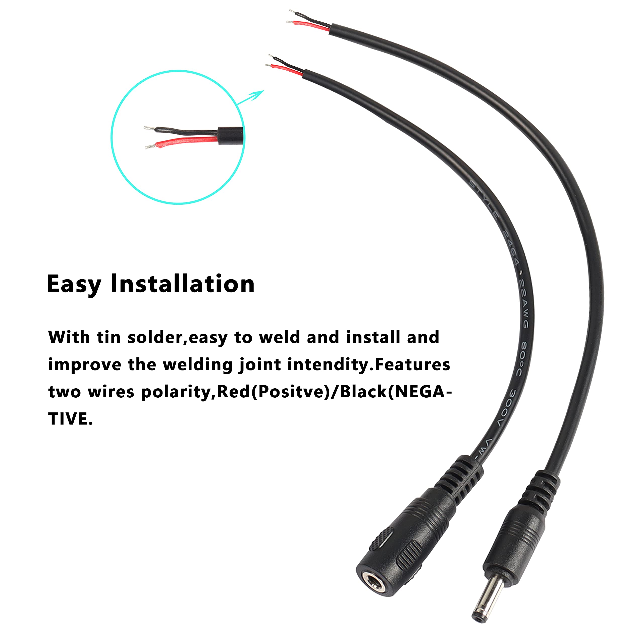 3.5mm*1.35mm DC Power wire DC Male and Female Plug to Bare Wire Open End Pigtail Power Cable Cord 3.5mm barrel jack connector for DC Power Supply Cable Repair 2 Pairs .-55 cm