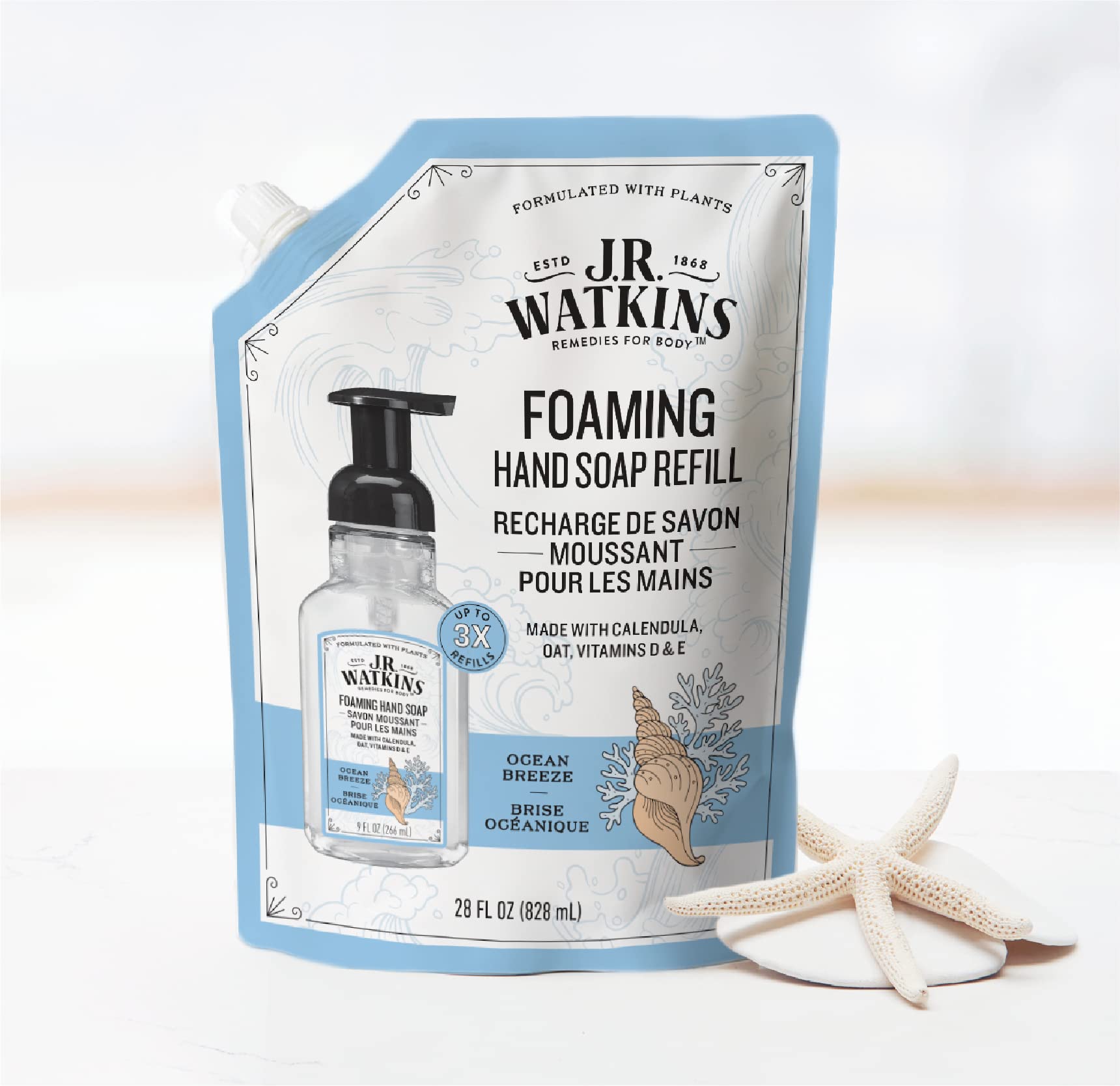 J.R. Watkins Foaming Hand Soap Refill, Moisturizing Foam Hand Wash, All Natural, Alcohol-Free, Cruelty-Free, USA Made, Ocean Breeze, 28 fl oz, 3 Pack