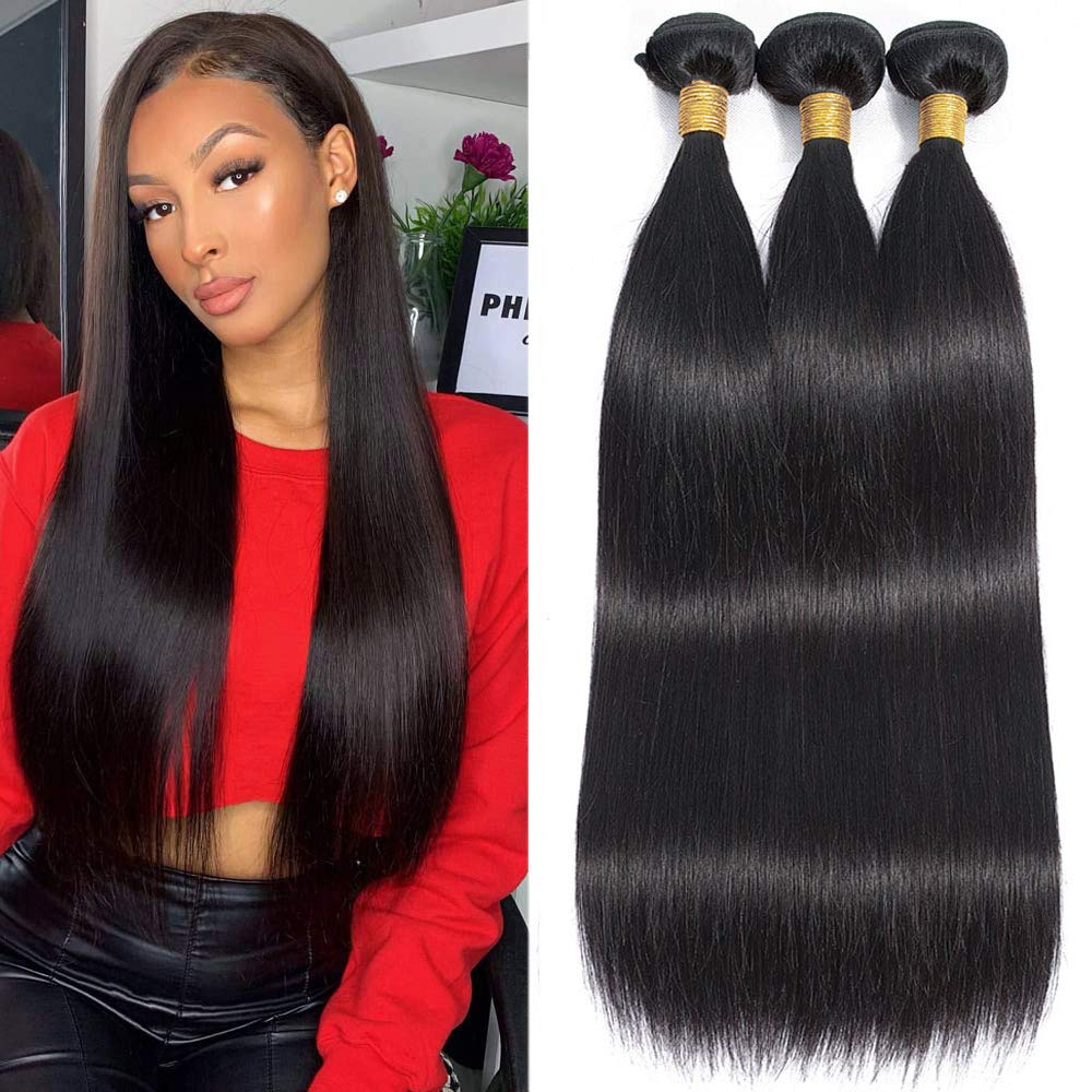 QIYING 10A Straight Bundles Human Hair 18 20 22 Inch Brazilian Straight Hair Bundles 100% Unprocessed Virgin Straight Human Hair Weave 3 Bundles Deals 1B Black