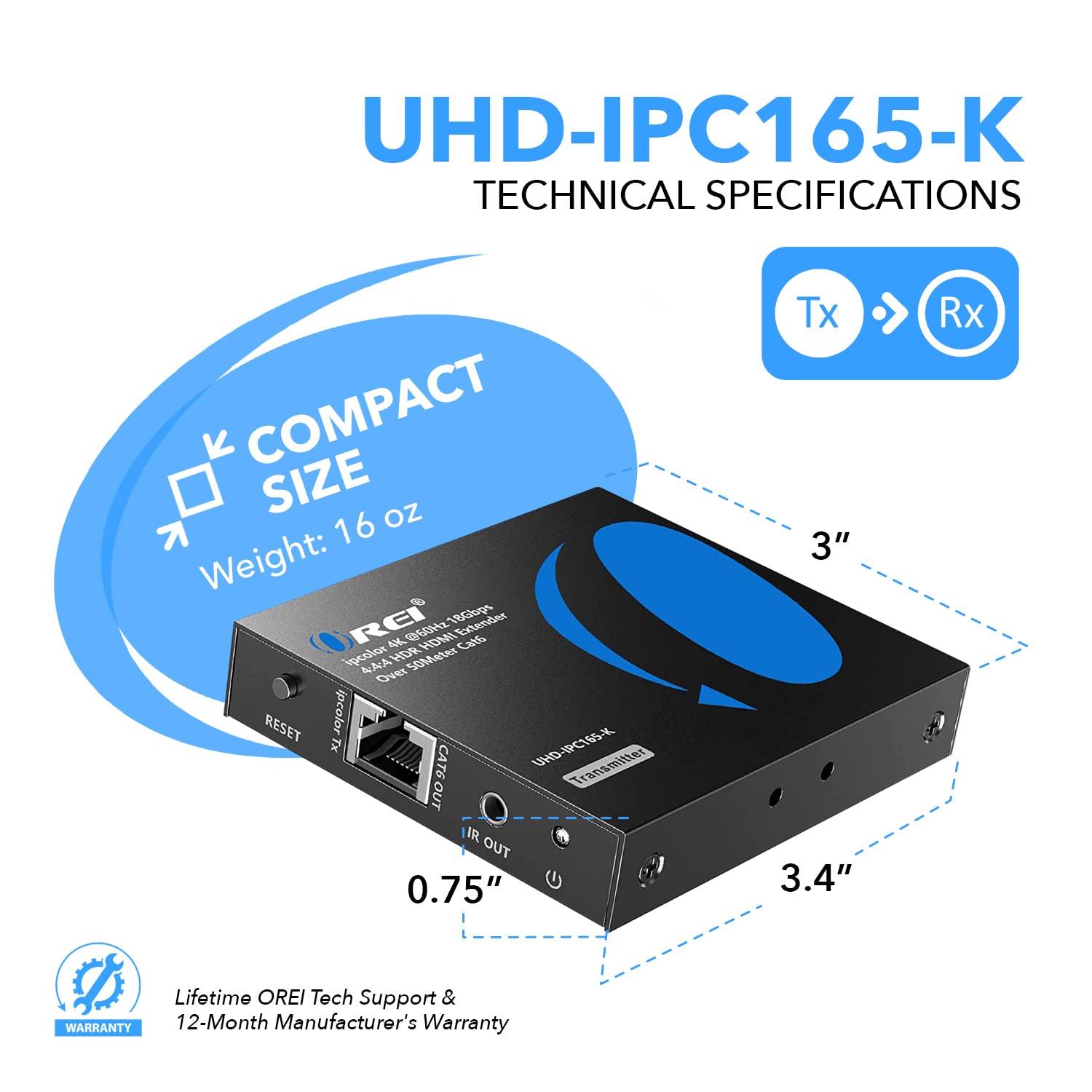 OREI 4K HDMI Extender Balun UltraHD 4K @ 60Hz 4:4:4 Over Single CAT6/7 Cable with HDR & IR Control-Ethernet Cable Up to 165 ft- Loop Out (UHD-IPC165-K)