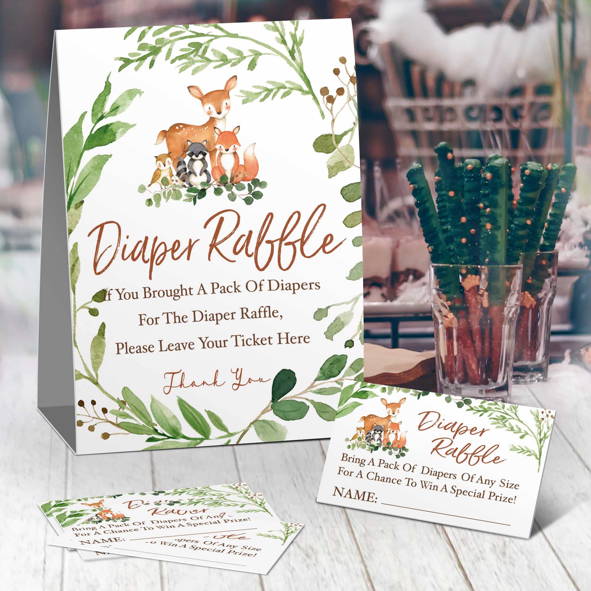 skuhyyg Woodland Diaper Raffle Tickets, Diaper Raffle Sign, Watercolor Eucalyptus leaves Woodland Diaper Baby Showers, Watercolor Woodland Forest Animals Insert Ticket(1 Sign+50 Cards)