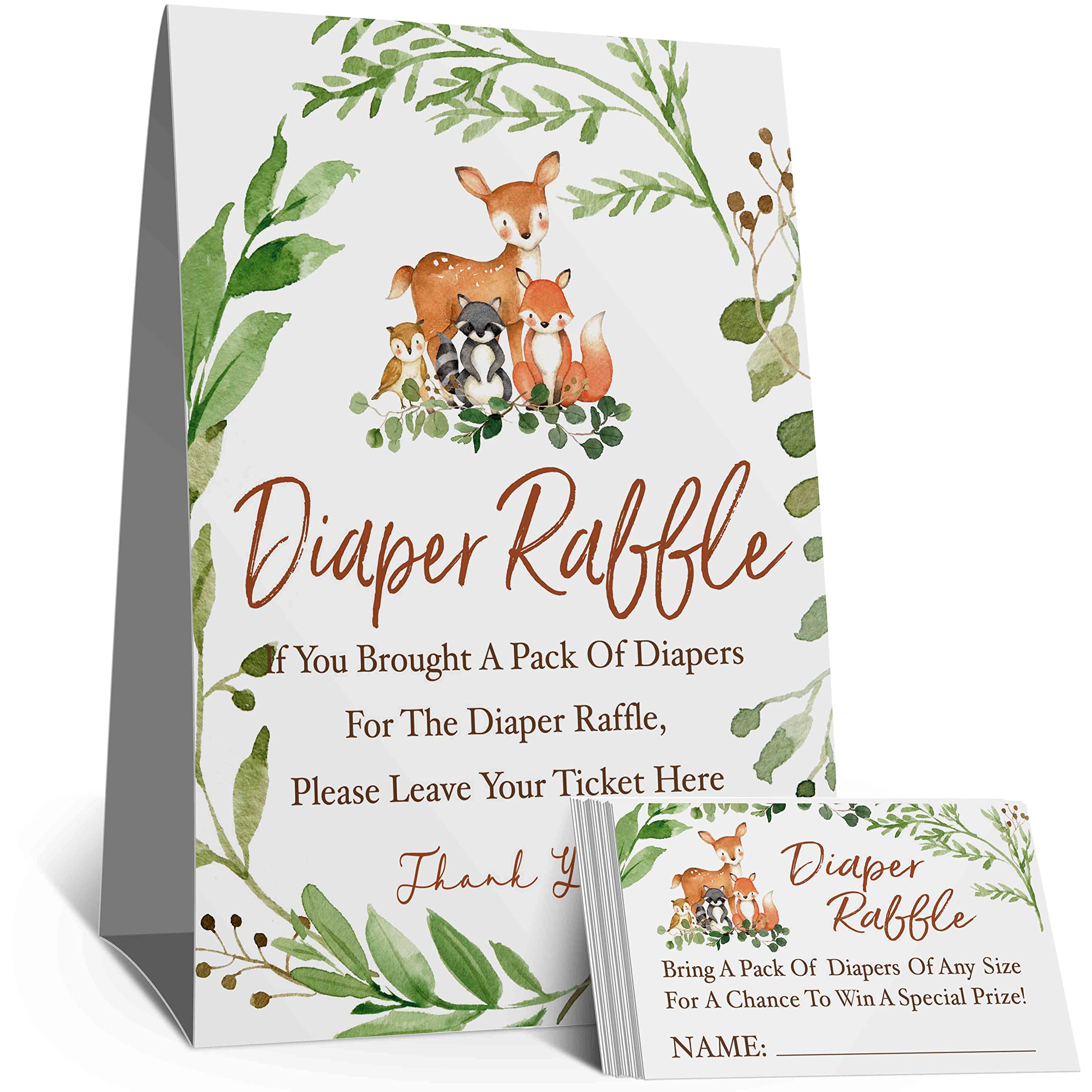 skuhyyg Woodland Diaper Raffle Tickets, Diaper Raffle Sign, Watercolor Eucalyptus leaves Woodland Diaper Baby Showers, Watercolor Woodland Forest Animals Insert Ticket(1 Sign+50 Cards)