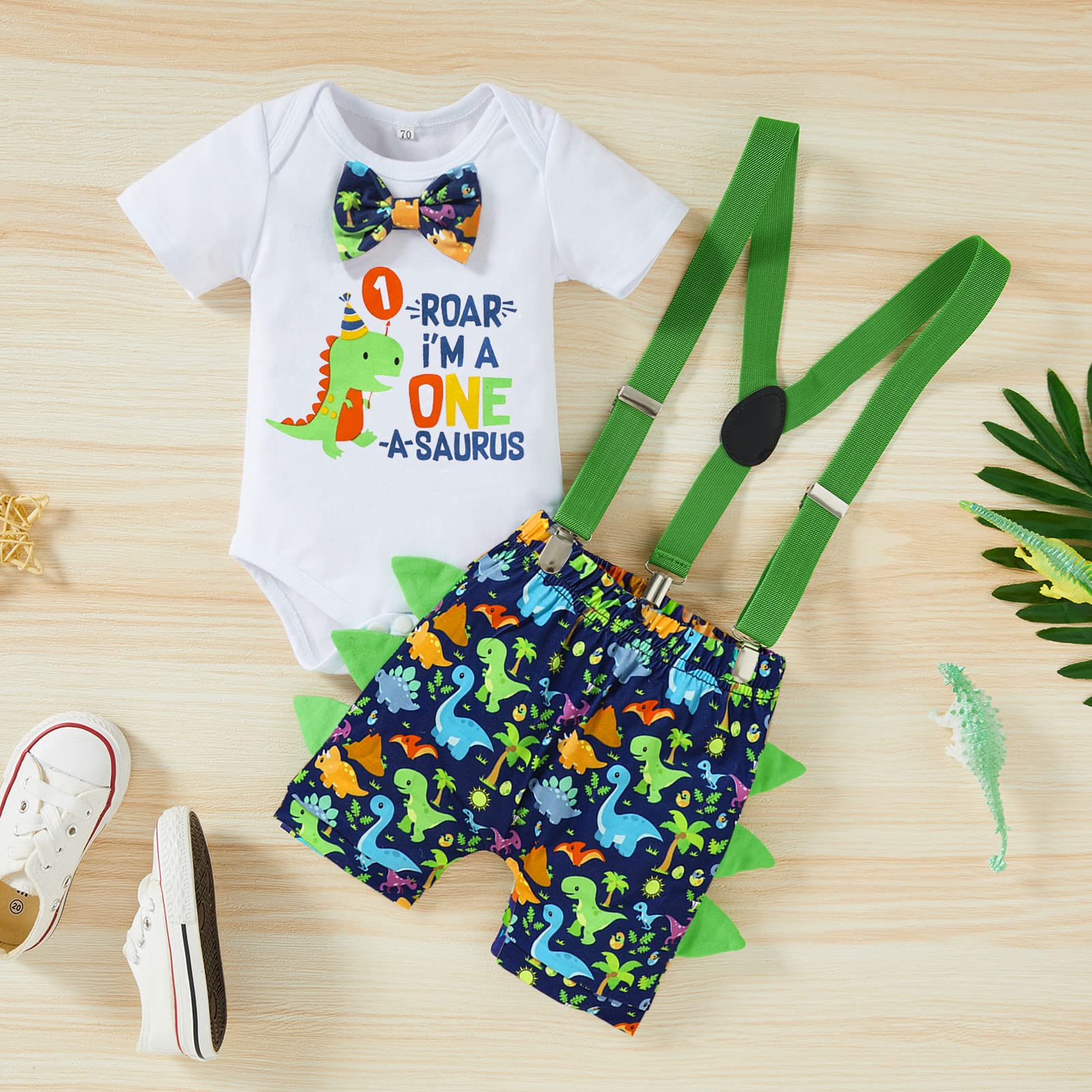 Baby Boys Cake Smash Clothes Dinosaur Romper Diaper Suspenders Pants 3PCS Set First Birthday Outfit for Photo Prop Party Saurus 12-18 Months