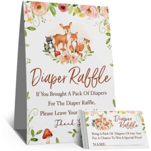 woodland diaper raffle tickets, diaper raffle sign, pink flower baby shower game kit, woodland diaper baby showers decorations，watercolor woodland forest animals insert ticket(1 sign+50 cards)