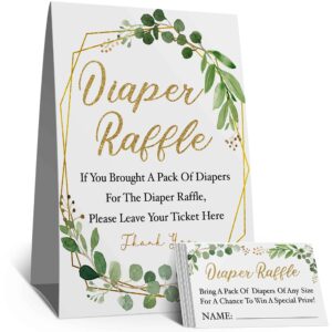 diaper raffle tickets, diaper raffle sign, greenery insert ticket, golden baby showers decorations，card for baby shower game to bring a pack of diapers(1 sign+50 cards)