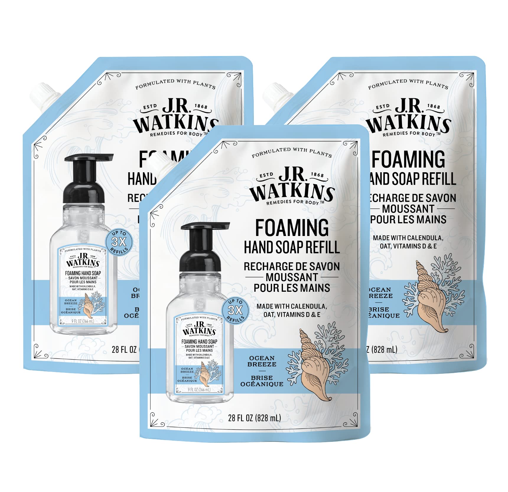 J.R. Watkins Foaming Hand Soap Refill, Moisturizing Foam Hand Wash, All Natural, Alcohol-Free, Cruelty-Free, USA Made, Ocean Breeze, 28 fl oz, 3 Pack