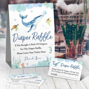 Diaper Raffle Tickets, Diaper Raffle Sign, Watercolor Ocean Themed Baby Shower Game Kit, Marine Life Themed Baby Shower Game Party, Baby Shower Game to Bring a Pack of Diapers (1 Sign+50 Cards)