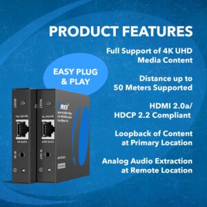 OREI 4K HDMI Extender Balun UltraHD 4K @ 60Hz 4:4:4 Over Single CAT6/7 Cable with HDR & IR Control-Ethernet Cable Up to 165 ft- Loop Out (UHD-IPC165-K)