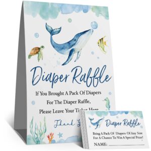 diaper raffle tickets, diaper raffle sign, watercolor ocean themed baby shower game kit, marine life themed baby shower game party, baby shower game to bring a pack of diapers (1 sign+50 cards)